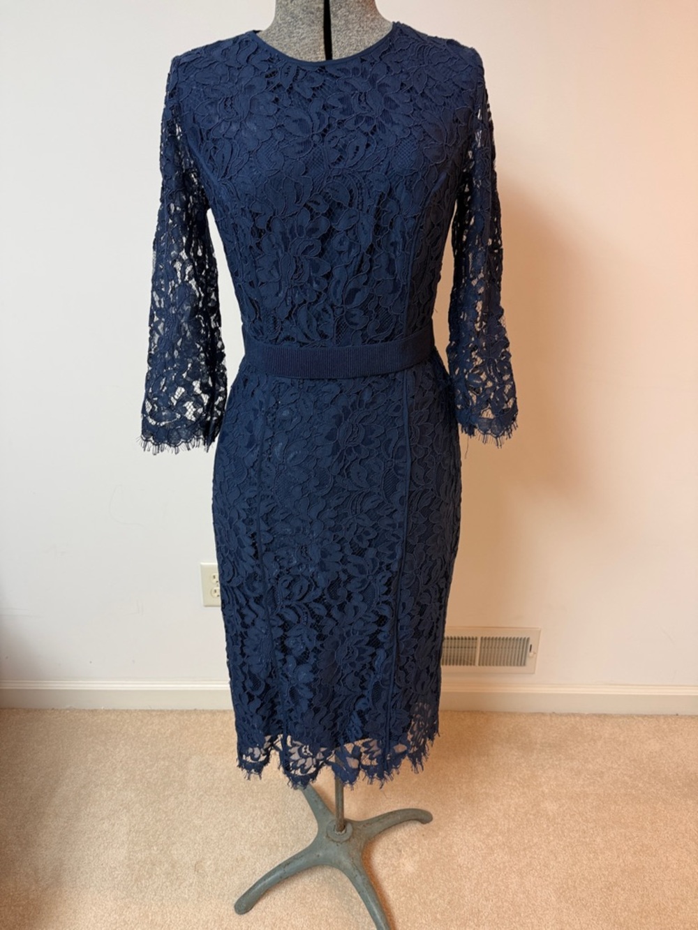 Navy Lace Midi Dress with Three-Quarter Sleeves